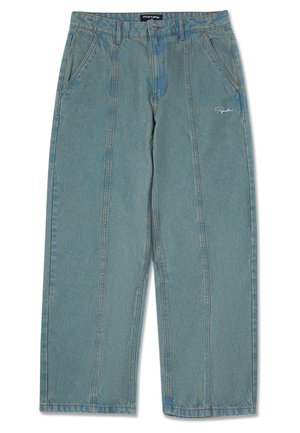 Light blue, non-distressed denim pants with a straight-leg design, featuring front pockets and subtle embroidered logo near the waist.
