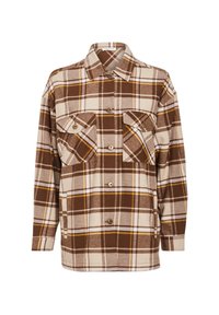 Veste à manches longues à carreaux marron et beige, avec boutons sur le devant et deux poches à rabat avec boutons à l'avant.