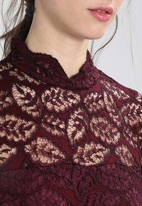 Burgundská krajková blůza s vysokým límcem, květinovými vzory a průhlednými částmi, s texturovaným a složitě detailním designem.