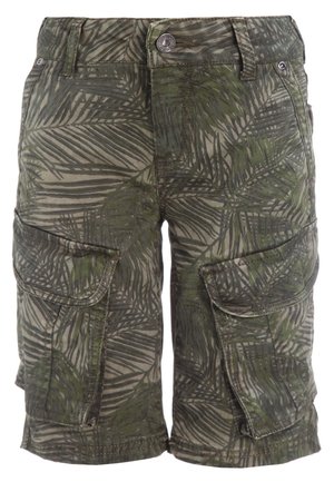 Groene en bruine camouflage cargo shorts met een voorste knoop, rits, riemlussen en twee grote flapzakken op de dijen.