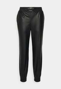 Black leather jogger pants with an elastic waistband, adjustable drawstring, and tapered cuffs. Smooth texture and flexible fit.