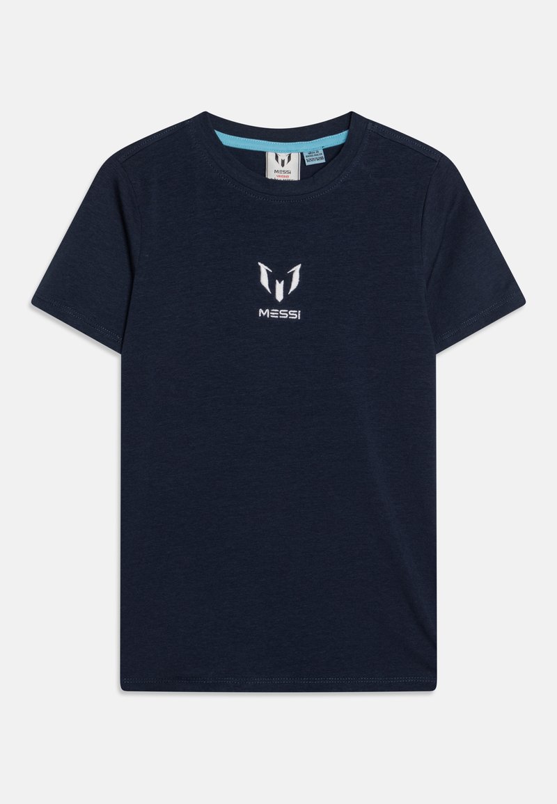 Navy zilas kokvilnas T-krekls ar īsām piedurknēm un apaļu kakla izgriezumu. Iezīmēts ar baltu izšūtu "M" logotipu un vārdu "MESSI" zem logotipa.