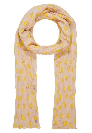 Lichtroze sjaal met gerimpelde textuur en geel ananaspatroon, losjes rondgedraaid voor weergave.