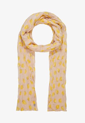 Écharpe rose clair avec texture froissée et motif d'ananas jaunes, disposée en boucle lâche pour l'exposition.