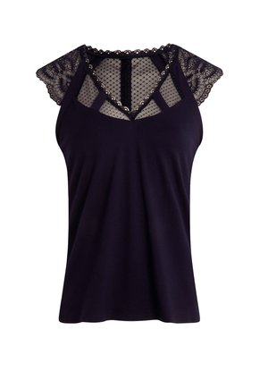 Dunkelblaues Tanktop mit Spitzeneinsätzen an den Ärmeln und einem Mesh-Panel am Ausschnitt, mit einem glatten Körper und gewellten Säumen.