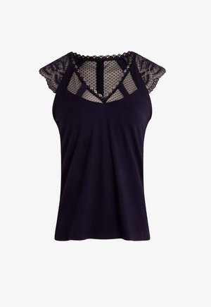 Tummansininen toppi, jossa on pitsiset hihat ja verkkopaneeli kaula-aukossa, sileä runko ja aallotetut reunat.