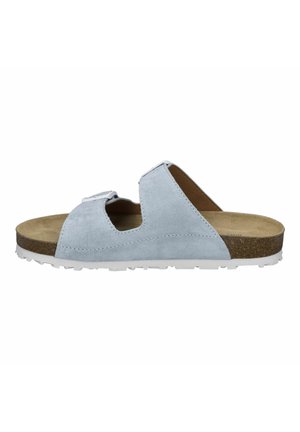 Light blue suede slide sandal with two cut-out straps, cork footbed, and white rubber sole. Flat design with minimal hardware accents.