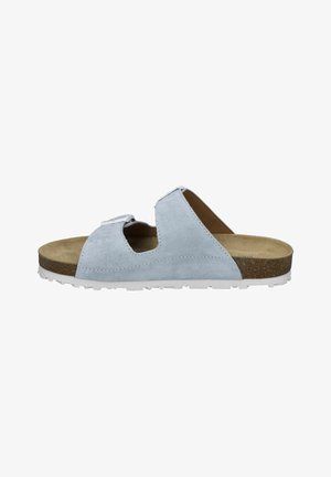 Light blue suede slide sandal with two cut-out straps, cork footbed, and white rubber sole. Flat design with minimal hardware accents.
