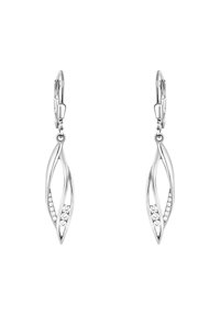 Silver hängande örhängen med ett bladformat design, prydda med inbyggda klara kristaller längs ena sidan för att ge extra detaljer och visuell intresse.