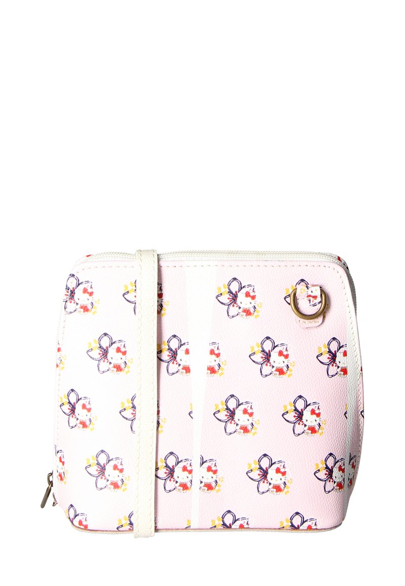 Borsa sintetica rosa a motivo floreale, con accenti bianchi, un anello frontale e chiusura con zip. Forma compatta e rettangolare.