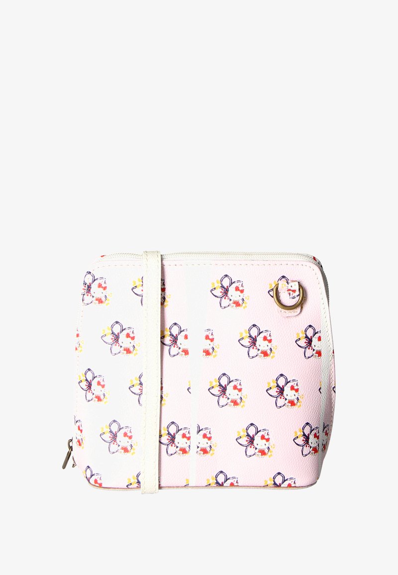 Borsa sintetica rosa a motivo floreale, con accenti bianchi, un anello frontale e chiusura con zip. Forma compatta e rettangolare.
