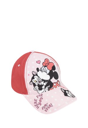 Casquette de baseball avec un design à pois roses, des accents rouges, présentant des personnages de dessin animé et le texte "ICI POUR TOI POUR L'ÉTERNITÉ !" à l'avant. Matière en coton.