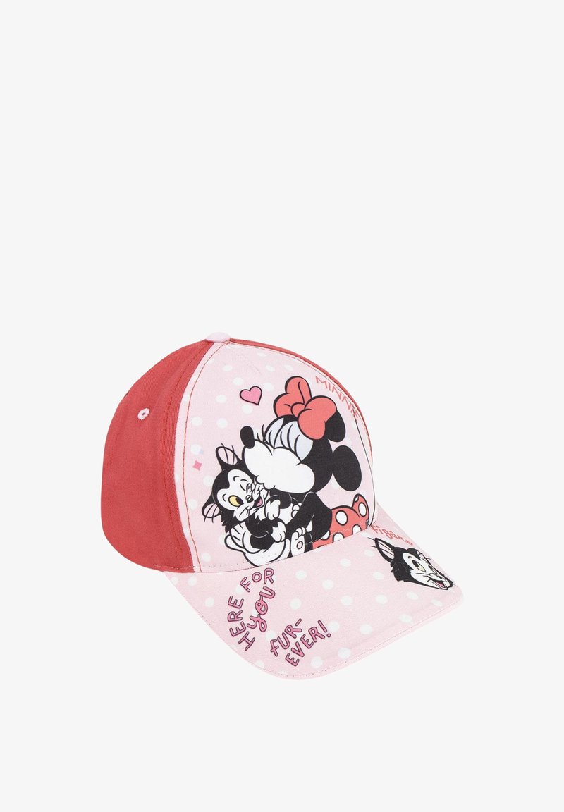 Baseball cap with pink polka dot design, red accents, featuring cartoon characters and text "HERE FOR YOU FUR-EVER!" on the front. Cotton material.