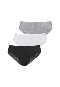 Tre paia di mutandine da donna: grigie, bianche e nere. Ognuna presenta una rifinitura in pizzo e un piccolo fiocco decorativo nella parte anteriore. Tessuto dalla superficie liscia.