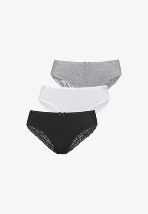 Three pairs of women's panties: gray, white, and black. Each features lace trim and a small bow accent at the front. Smooth fabric texture.