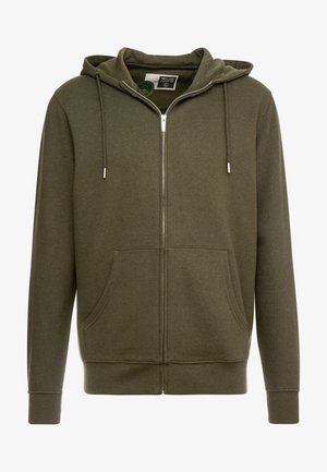 Olijfgroene rits hoodie gemaakt van zachte stof, met een voorzak, verstelbare capuchon en geribbelde manchetten en zoom.
