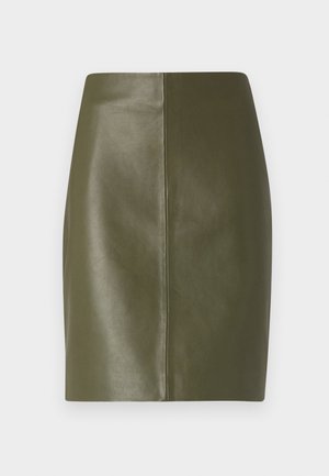 Olive green leather mini skirt with a smooth texture, featuring a simple design and a central seam running down the back.