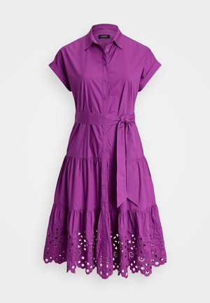 Purple cotton dress with short sleeves, button closure, a belted waist, and a tiered skirt featuring floral eyelet cutouts.