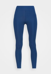 Niebieskie legginsy z elastycznego materiału, z wysokim stanem i gładką, matową fakturą. Brak widocznych wzorów i elementów metalowych.