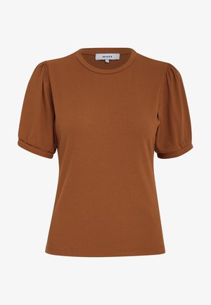 Bruine geribbelde top met korte mouwen, ronde hals en pofmouwen. Heeft een aansluitende pasvorm en een zachte textuur. Merkenlabel zichtbaar.