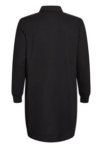 Schwarzes langärmliges Hemdkleid, strukturierten Stoff, Kragen Details, knopflose Front und abgerundeter Saum. Enganliegende Bündchen an den Handgelenken.