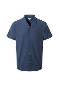 Short-sleeve navy blue shirt with a textured pattern, notched collar, and button front. Features light-colored buttons and a straight hem.