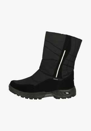 Schwarze Winterstiefel mit einem gesteppten Design, aus Textil und Wildleder. Mit einem weißen Akzentstreifen und einer strukturierten Gummisohle für besseren Halt.