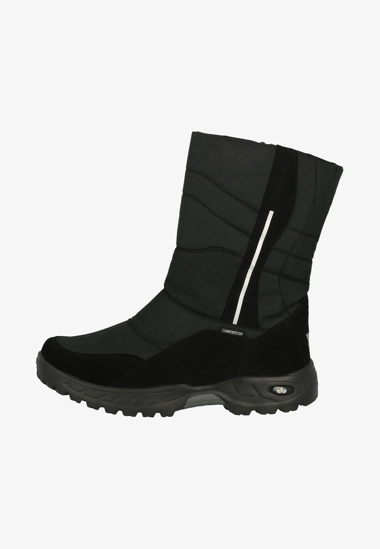 Schwarze Winterstiefel mit einem gesteppten Design, aus Textil und Wildleder. Mit einem weißen Akzentstreifen und einer strukturierten Gummisohle für besseren Halt.