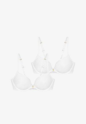 Zwei weiße BHs aus glattem Stoff, mit Bügeln und verstellbaren Trägern. Goldene Metallakzente an den Trägerverbindungen.