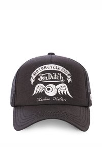 Gorra de camionero negra con un logo frontal que presenta el texto "Von Dutch Motorcycle Club", un gráfico de un ojo con alas y el lema "Kustom Kulture".