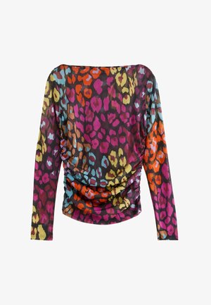 Top a maniche lunghe con una stampa animale colorata che presenta tonalità di rosa, viola, arancione e blu su un tessuto nero trasparente con dettagli arricciati.