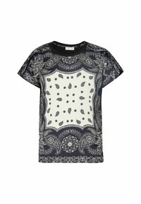 T-shirt a maniche corte in bianco e nero con un motivo paisley, dotato di un design centrale solido e accenti decorativi.