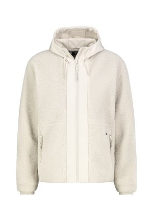 Off-white Kapuzenjacke mit Reißverschluss aus weichem, strukturiertem Fleece-Stoff und zwei vorderen Reißverschlusstaschen.