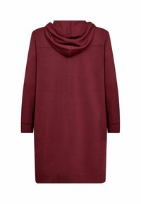 Bordeauxrotes Kapuzenkleid mit langen Ärmeln und passender Kapuze, aus weichem Stoff gefertigt. Verfügt über eine lässige Passform und eine Länge bis zur Mitte des Oberschenkels.