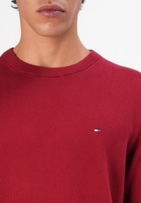 Pull rouge en tissu lisse, avec un col rond côtelé et une petite étiquette logo dans le coin supérieur gauche.