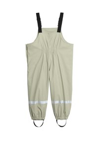 Lyse beige vandtette overalls med sorte justerbare skulderstropper, elastiske ankler, refleksbånd over manchetterne og fodstropper.