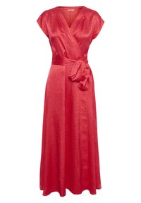 Röd ombakad klänning med korta ärmar, V-ringning, subtilt vågigt mönster och en stor sidobåge vid midjan, som flödar ner till en lång kjol.