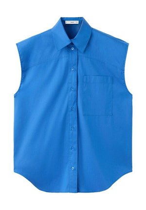 Chemise sans manches bleu vif à boutons, avec col et une seule poche poitrine, cintrée avec un ourlet légèrement arrondi.