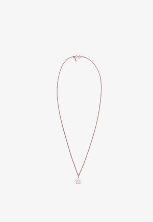 Collier en or rose avec un petit pendentif en forme de fleur, portant une pierre précieuse centrale. La chaîne présente un design à torsion fine et un fermoir.