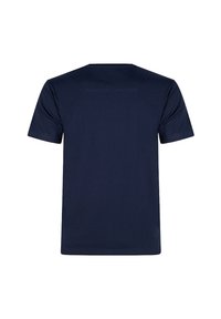 Marineblaues, kurzärmliges T-Shirt aus glattem Baumwollstoff, mit einem gerundeten Halsausschnitt und einem schlichten Rückendesign ohne Logos oder Muster.