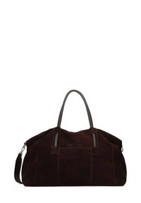Dark brown suede duffel bag with leather handles and a detachable strap. Features minimal branding and a spacious design. Soft texture.