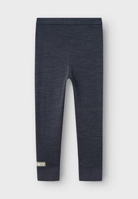 Leggings bleu marine en tissu texturé, dotés d'une taille élastique et d'une petite étiquette tissée près de l'ourlet. Fini lisse sur toute la surface.
