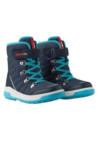 Bottes d'hiver bleu foncé avec des accents turquoise, présentant un design matelassé, un laçage en plastique et une sangle Velcro. Semelle en caoutchouc durable pour une bonne adhérence.