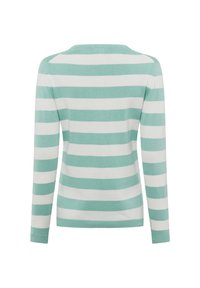 Hellgrüner und weiß gestreifter Pullover mit langen Ärmeln und rundem Halsausschnitt. Weiches, gestricktes Material mit glatter Textur.
