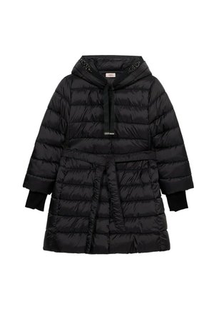 Schwarzer Steppmantel mit horizontalem Steppmuster, Kapuze mit Kordelzug, langen Ärmeln und Gürtel in der Taille; verfügt über elastische Ärmelbündchen.