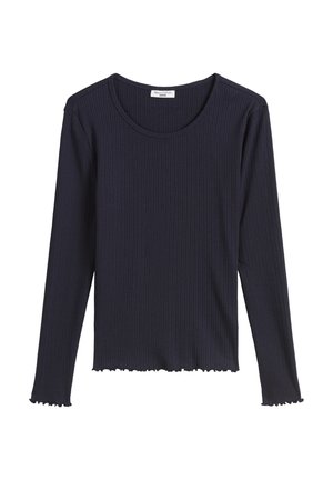 Marineblaue gerippte Langarmoberteil mit rundem Halsausschnitt, aus strukturiertem Stoff und mit ausgefranstem Saum. Einfaches und figurbetontes Design.