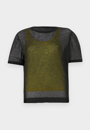 Black short-sleeve knit top with sheer texture, featuring a green and gray layered design, rounded neckline, and contrasting dark trim.