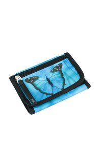 Blue and black zippered wallet featuring a butterfly design on a blue background, made of fabric with a smooth texture.