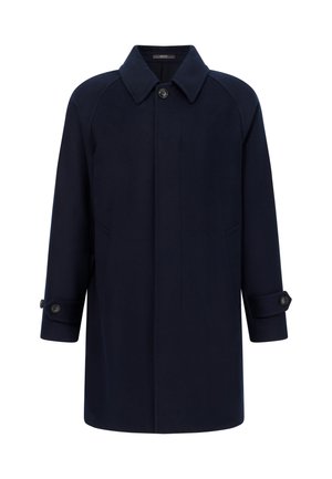 Cappotto da uomo blu navy a un petto con colletto a punta, due tasche anteriori e cinturini con bottoni sui polsini.