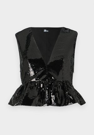 Musta paljettopaita, jossa on syvä V-pääntie, olkaimeton muotoilu ja peplum-helma. Sisältää sileän sisävuoren ja kiiltävän, heijastavan pinnan.